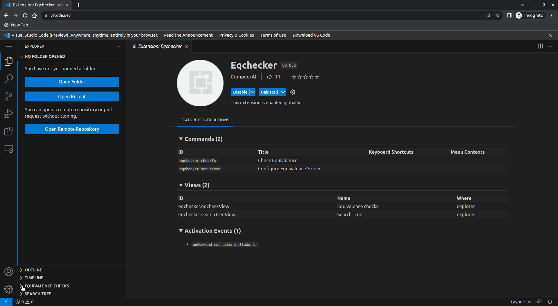Explorer view. Expand the "Equivalence Checks" and "Search Tree" panes